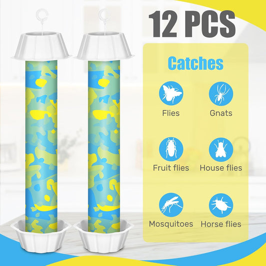 Qualirey 12 Pcs Sticky Fly Trap Fly Stick with Hanging Hook Adhesive Mosquito Catcher for Indoor Outdoor Trap Houseflies and Flying Insects Bee Wasp Moth Fly, 10.2 x 2.5 Inch