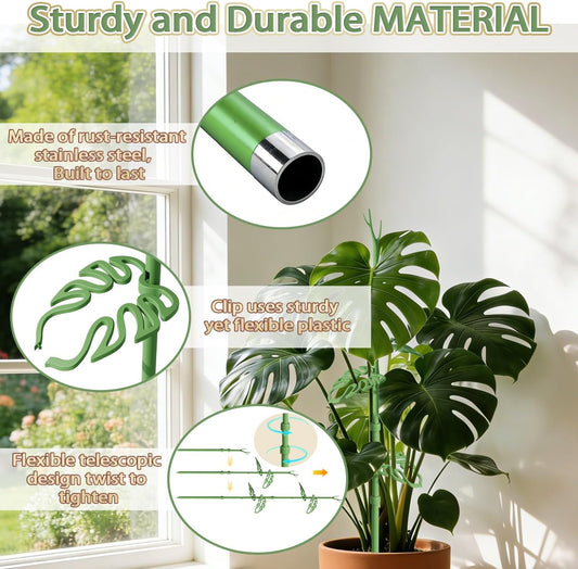 Telescoping Monstera Plant Support Stakes, Adjustable Climbing Plant Stakes | 21 - 43.3in Stakes with Detachable Monstera Leaf Clips; Supports Pothos, Tomatoes, Indoor & Garden Plants