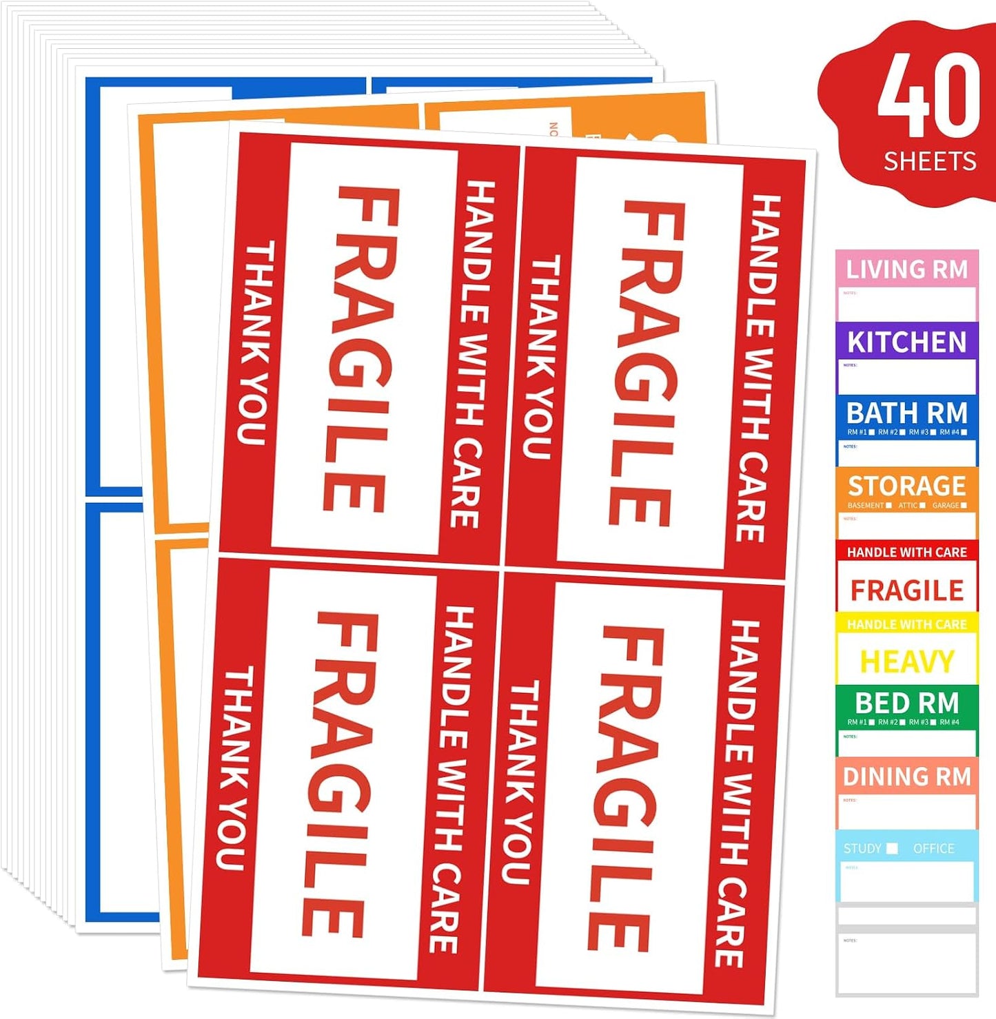 Ououstate Moving Stickers, 6 x 4 Inches Color-Coded Packing Box Labels 10 Designs with Fragile 、Heavy and Blank Customizable Labels (6 * 4IN)