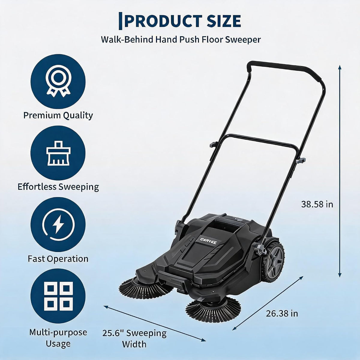 Walk-Behind Outdoor Hand Push Floor Sweeper, 25.6 Inch Wide Manual Non-Electric Sweeper with 5.25 Gallon Waste Bin, Adjustable Folding Handle Heavy Duty Yard Sweeper for Garage Patio Walkway Driveway
