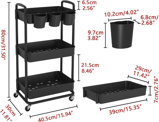 JIUYOTREE 4-Tier Plastic Rolling Storage Cart Utility Cart with Extra Hanging Cups Handles Lockable Wheels for Living Room Bathroom Kitchen Office White