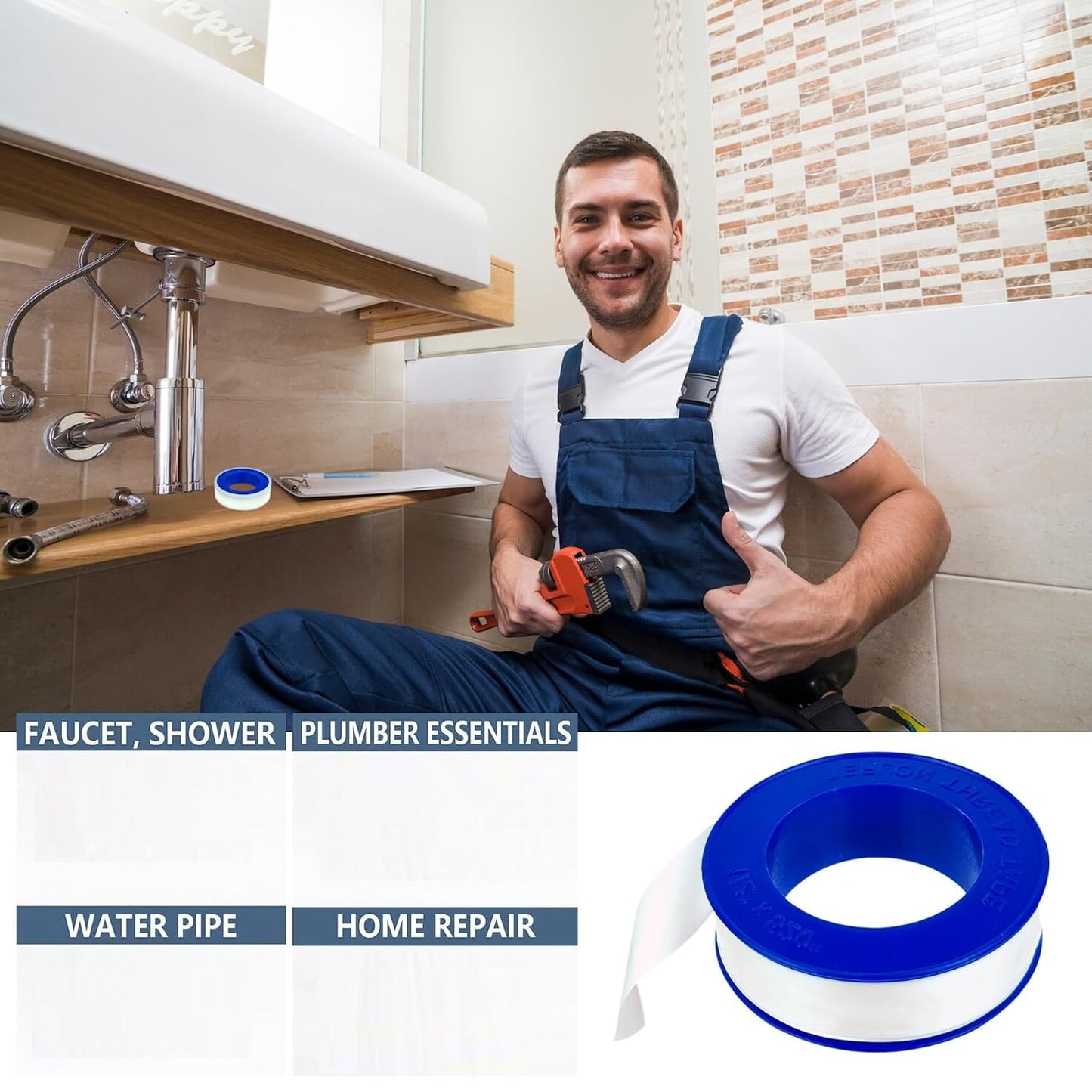 1 Roll Plumbers Tape, Teflon Tape for Shower Head Water Proof, Thread Sealant, Plumbing, Water Pipe (1)