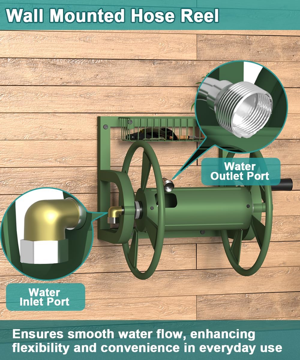 Artigarden Garden Wall Mounted Hose Reel, Outdoor Heavy-Duty Water Hose Holder Winder, Holds 125 Feet of 5/8-Inch Hose, with 3.9 ft Leader Hose, Water Fitting and Storage Basket for Yard, Black