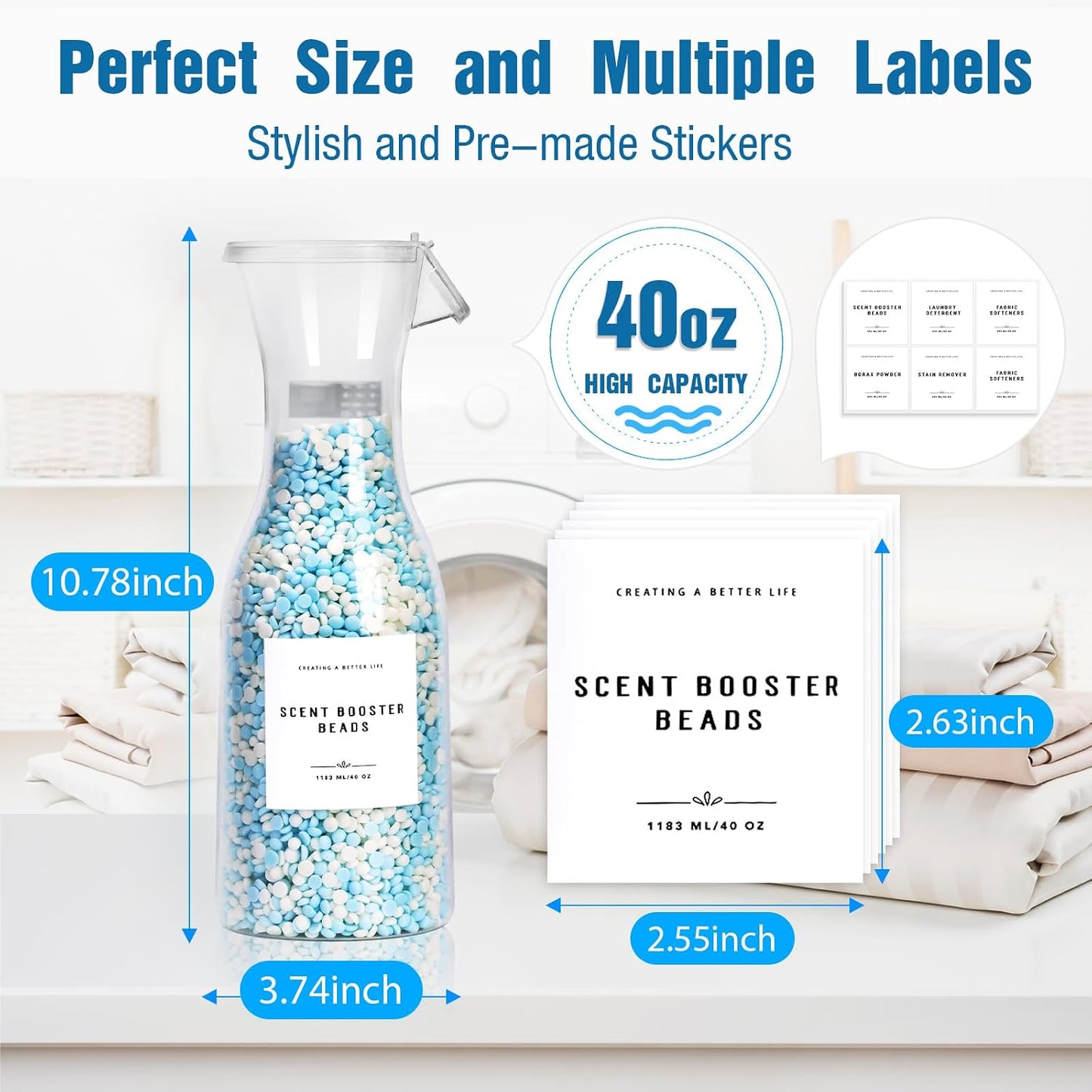 Laundry Detergent Dispenser Bottle 40oz with Waterproof Label for Laundry Detergent Soap Fabric Softener Bleach Scent Booster Beads, Sturdy PET Bottle for Laundry Room Decor 2 Pack White