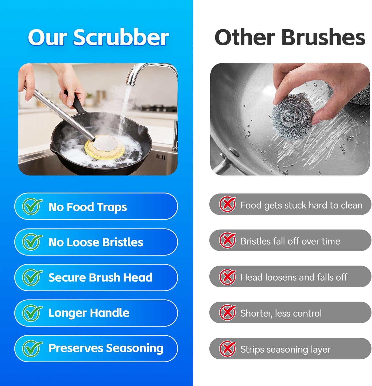 Kitchen Cleaning Brush with Handle, Non-Scratch Preserve Seasoning for Wok, Cast Iron Skillet, Pans, Oven Racks, Air Fryer, Jars - Stainless Steel Handle