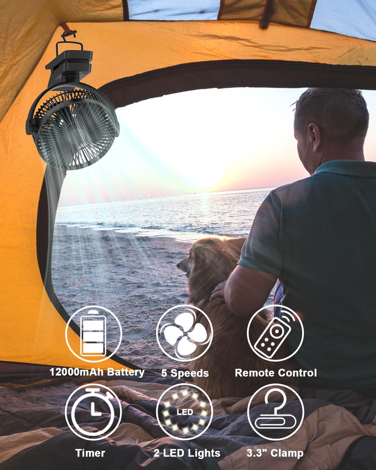 Portable Fan with Remote Control & Timer & LED Lights, 60hrs 12000mAh USB Rechargeable Battery,Clamp/Hanging/Stand Up, Small Clip on Fan for Baby Stroller, Bed, Desk, Camping Tent, Travel