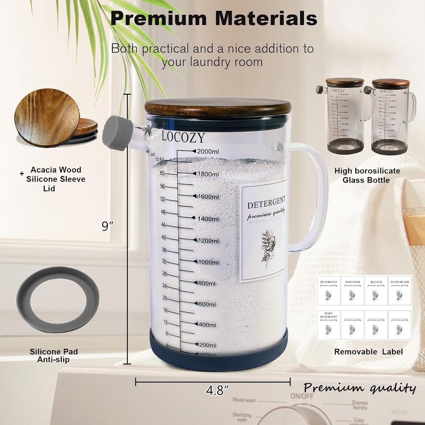 2-Pack 50oz Glass Laundry Detergent Dispenser with Acacia Wood Lid - Airtight Design, Dual oz/ml Scales | Laundry Room Organization & Storage for Fabric Softener, Beads, Powder, Bleach