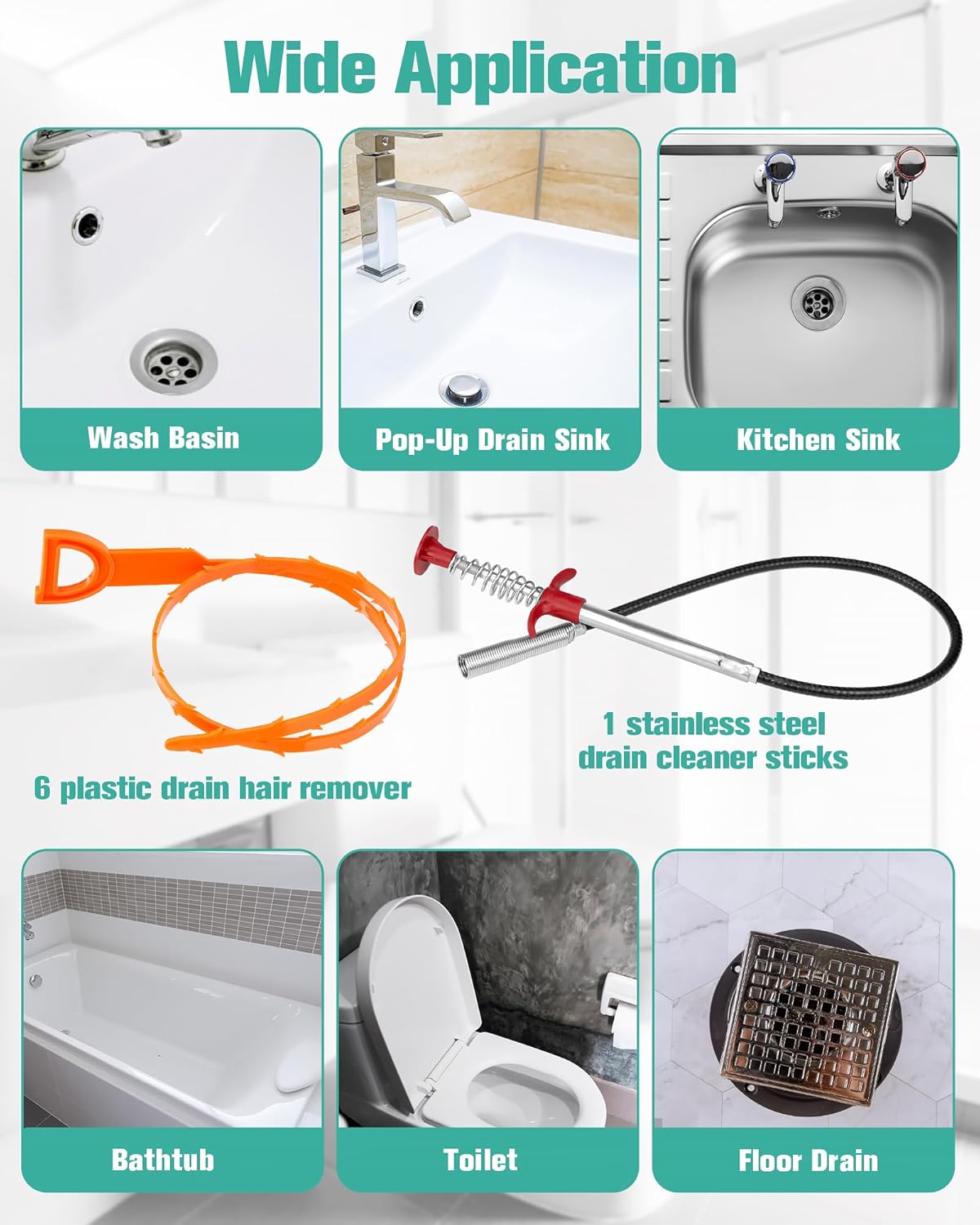 Oanie 7 Pack Drain Cleaner - 25inch Hair Clog Remover Tool, Sticks To Drain Hair, Sink Snake for Shower, Kitchen Sink, Bath Tub, Bathroom