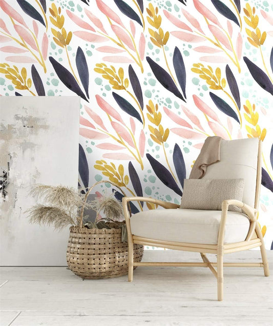 HAOKHOME Watercolor Forest Peel and Stick Wallpaper Removable White/Pink/Navy/Yellow Floral Vinyl Self Adhesive Shelf Liner 17.7in x 9.8ft