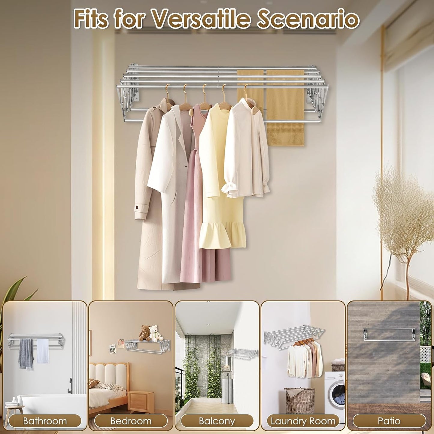 XL-31.5" Wall Mounted Clothes Drying Rack, 130 LBS Large Capacity Rustproof Retractable Clothes Rack, Collapsible Drying Rack Easy to Install with 7 Drying Rods, Space Saving for Laundry-White