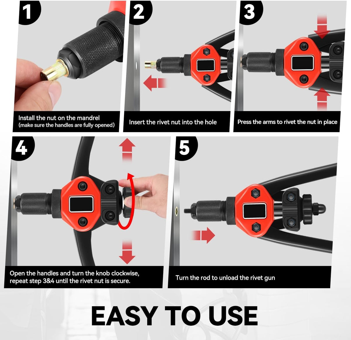 Auto Dynasty 21" Hand Riveter Rivet Nut Tool Set with 5 Guide Nozzle Silver Repair Hand Tool Kit Set for Home Household Office Warehouse