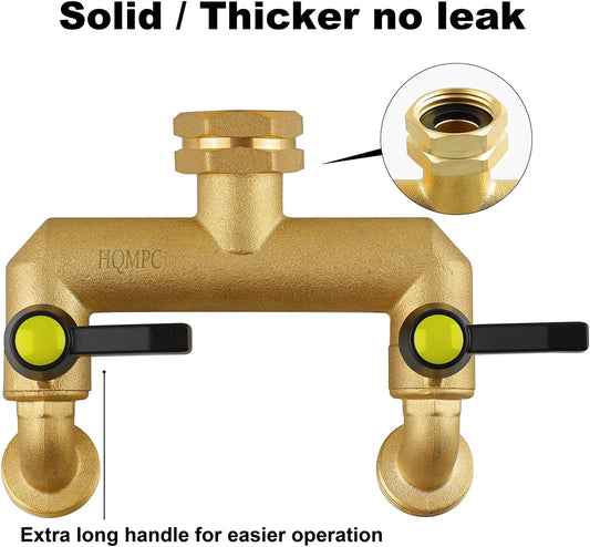 HQMPC Garden Hose 2 Way Valve Brass Splitter with Solid Brass Handle Hose Adapter 2 Way Valve 3/4" GHT Thread New Model