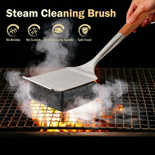 GrillChef Bristle Free Grill Brush, BBQ Steam Cleaning Brush with 2 Replacement Heads, Extra Long Wood Handle, Safe Grill Cleaner for Outdoor Grills, Gift Box Design for Dad Men