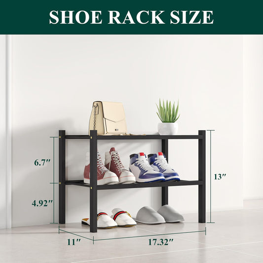 Smiry Bamboo Shoe Rack, 3 Tier Free Standing Wooden Shoe Organizer, Stackable Wood Shoe Storage Shelf for Closet, Entryway, 12 Vertical Slats, 2+1 Stack Standard Legs, 26.8"x11"x19.5", Natural