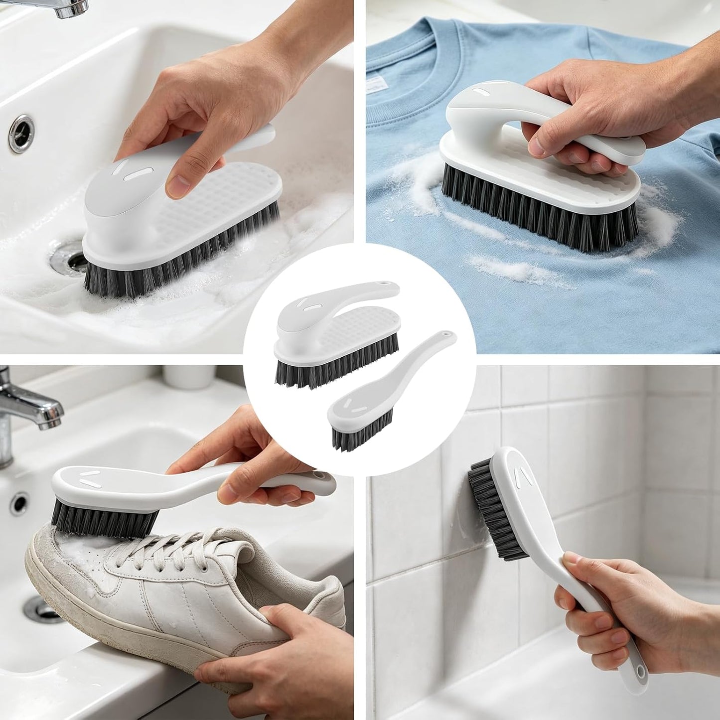 SetSail Soft Bristle Scrub Cleaning Brush 3 Pack Anti- Slip Stain Remover Laundry Brush for Clothes Easy to Grip Small Fabric Cleaning Brush Household Cleaning for Shoes,Carpet, Bathroom Grey White.
