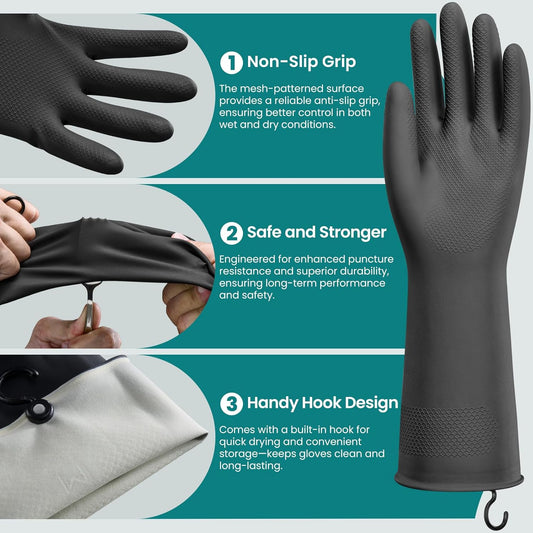 4 Pairs Rubber Dishwashing Gloves with Hanging Hooks - Reusable Cleaning Gloves for Kitchen & Household, Non-Slip, Durable and Flexible (Medium, 4 Colors: Black, Pink, Blue, Purple)