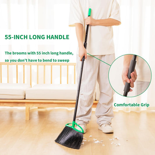 2 Pack Heavy Duty Brooms, 55" Long Handle Angle Broom Set | Indoor Outdoor, Household Commercial Floor Cleaning, for Sweeping Home, Kitchen, Deck, Garage, Patio - Green