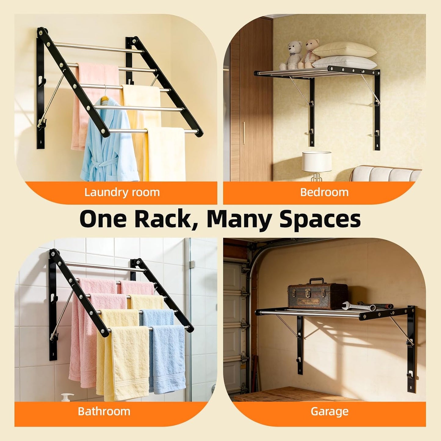 Wall Mounted Drying Rack, Pre-Install Adjustable Width 13-23 Inch, 60 lbs Heavy Duty Foldable Laundry Rack, Space Saving Stainless Steel for Apartment Laundry Room Bathroom, Black