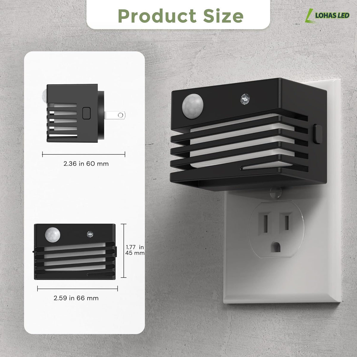 L LOHAS LED Motion Sensor Night Lights, Dimmable Night Light Plug into Wall with Dusk-to-Dawn Sensor, Adjustable Brightness, 3000K Plug in Nightlight for Bedroom Bathroom Hallway (Black)