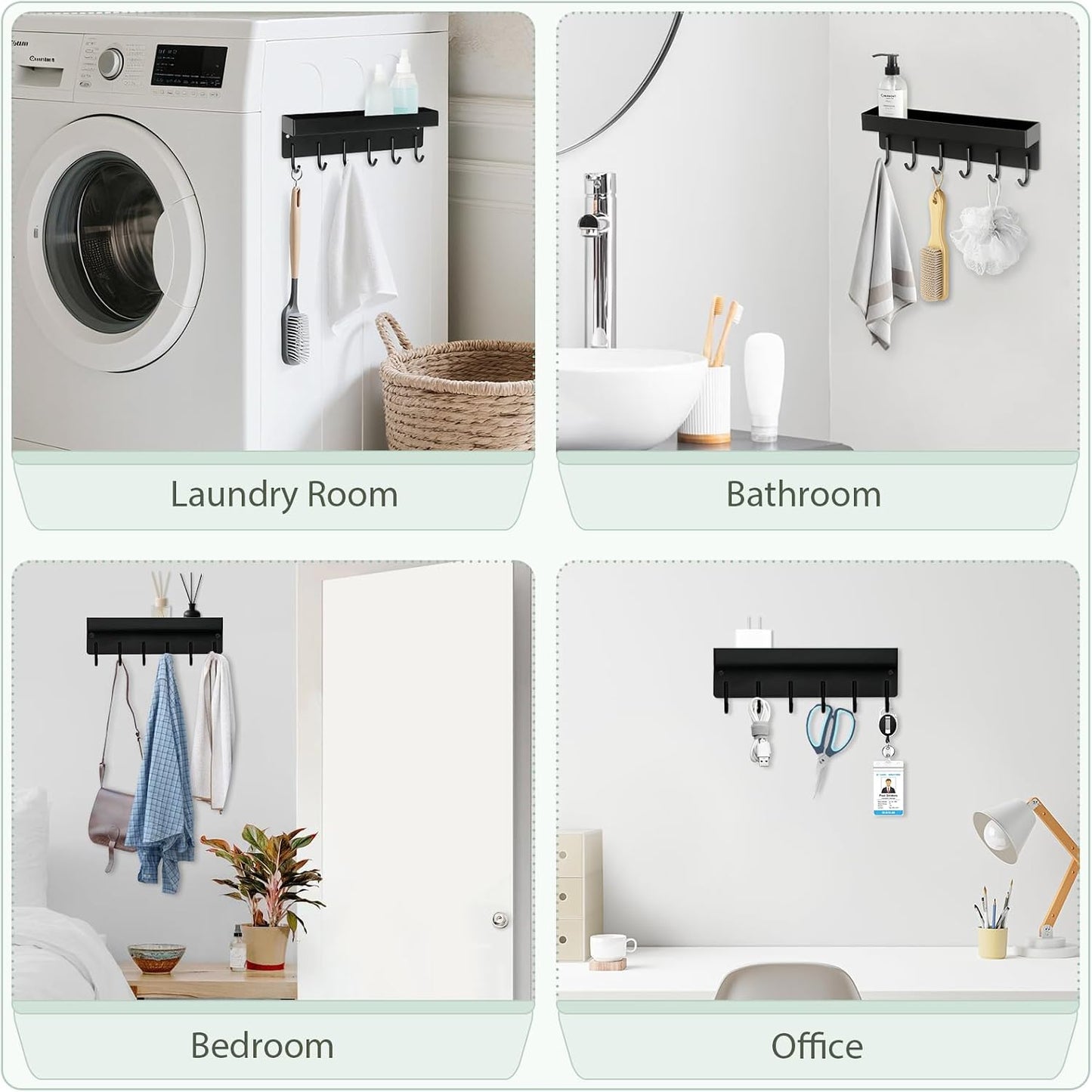 Magnetic Key Holder Wall Mount, Small Metal Key Rack with Tray, 9.6 Inch, 6 Hooks, 2 Installation Options, Black