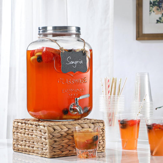 2 Gallon Glass Beverage Dispenser, 18/8 Stainless Steel Spigot and Lid - Glass Drink Dispensers for Parties - Mason Jar Drink Dispensers with Lids - Laundry Detergent Holder