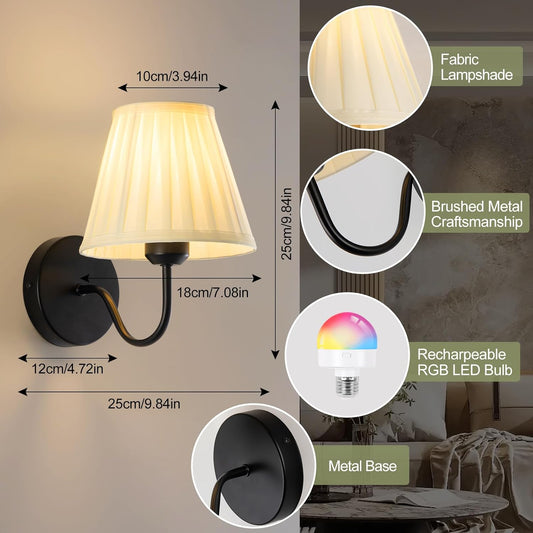 Vintage Battery Operated Wall Sconces Set of 2, Pleated Fabric Shade Gold Wall Lamp with Remote Control, Cordless Rechargeable Wall Sconces Fixtures for Bedroom, Living Room, Beside (2 Bulbs Included)