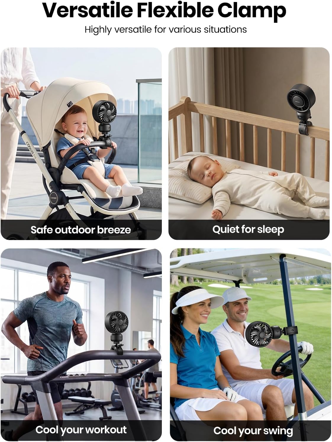Warmco Portable Stroller Fan, 4000mAh Rechargeable Clip On Fan for Baby | Secure Clamp, Up to 15H Runtime, Protective Grille, Quiet, 360° Rotatable, Removable Cover, LED Display