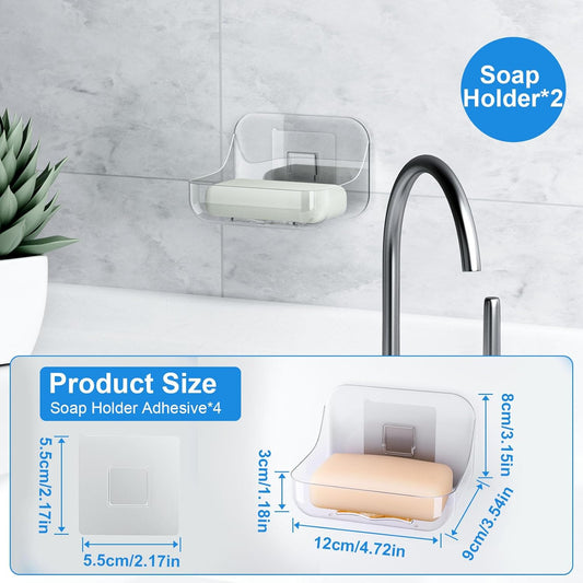Acrylic Soap Dish, Clear Self Draining Soap Holder, No Drilling | No Tool, Universal and Aesthetics, Waterproof, 2 Pcs Plastic Soap Saver - Bathroom Kitchen Organizer