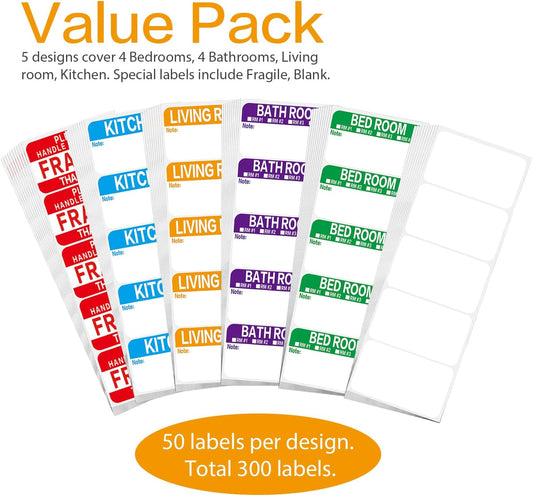 300 Count 3.5 x 2 Large Home Moving Packing Box Labels for 3-4 Bedroom House with Writable Notes Areas, 6 Color Coded Moving Labels for Boxes + Fragile Moving Stickers