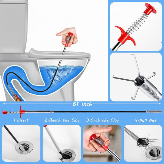 Drain Snake Hair Clog Remover, 61 Inch Flexible Plumbing Toilet Snake, Plastic Drain Hair Remover Tool for Shower, Bathtub, Kitchen, Wash Basin and Utility Sink Drain Cleaner