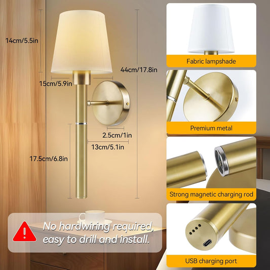 Neddie Battery Operated Wall Sconce Set of 2,Gold Rechargeable Wall Sconce,3 Dimmable Light Bulbs with Remote Control – 12-Color Wireless Wall Sconces, Ideal for Bedrooms, Living Rooms& Hallways