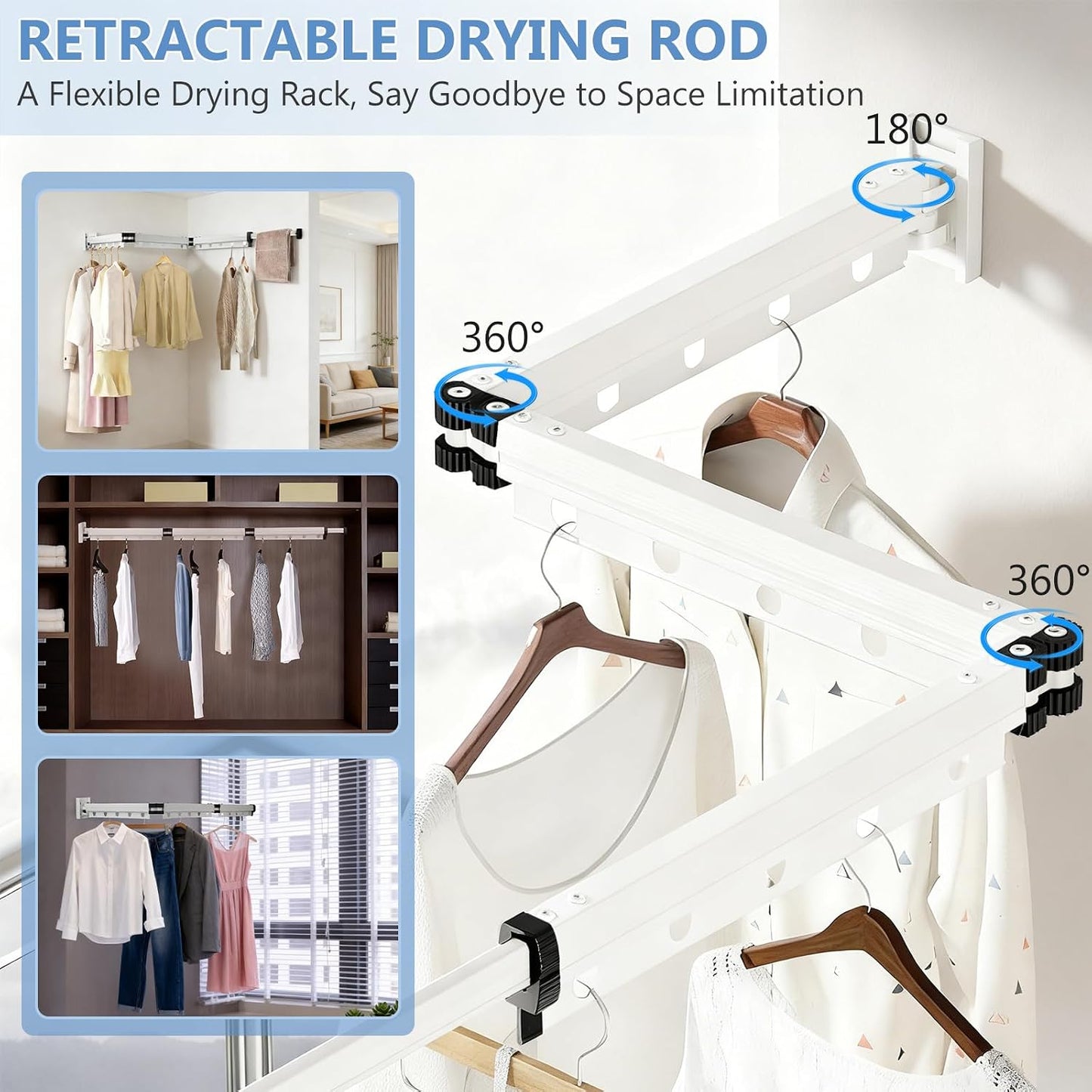 Clothes Drying Rack Wall Mounted with Suction Cup, Drying Racks for Laundry | 3-Fold Laundry Hanger Dryer Rack Space Saver, Retractable Laundry Rack for Mudroom, Wardrobe, Bathroom & Balcony