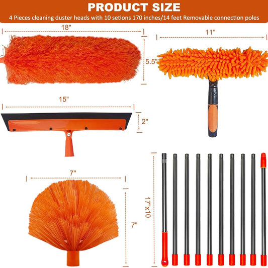 20+ Feet High Reach Duster Kit with 3-14 ft Extension Pole // High Ceiling Dusting and Window Cleaning Kit with Spliceable Pole - Window Washer & Squeegee, Cobweb Duster, Fan Blade and Feather Dusters