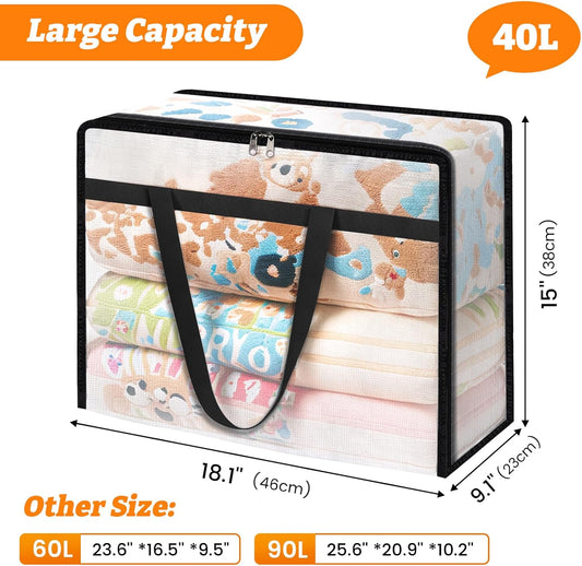 BlissTotes 4 Pack Clear Clothes Storage Bags, Moving Bags, Foldable Blanket Storage Under Bed Storage Containers with Sturdy Zipper and Handle for Clothing, Comforter, Bedding, Sheet (40L)
