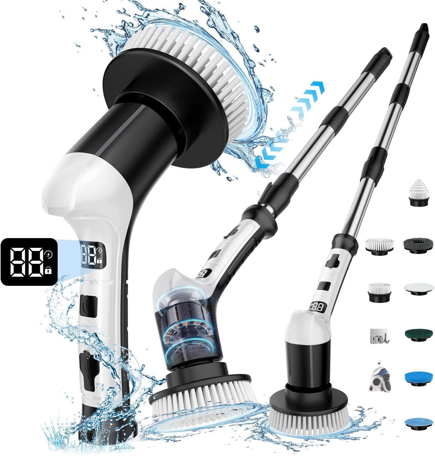 Electric Spin Scrubber with 3 Speed, Adjustable Extension Handle, 8 Brush Heads,Cordless Power Cleaning Brush for Bathroom, Tile, Kitchen-Black
