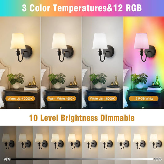 Battery Operated Wall Sconces set of Two,Wireless Wall Sconces with 10000mAh Dimmable Bulb and Remote,LED 15 Colors Rechargeable Gold Wall Sconce with Fabric for Bedroom Living Room Hallway Wall Decor