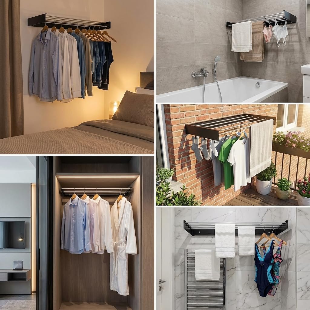 HILLHOUSE Wall Mounted Clothes Drying Rack, Space Saving Foldable Laundry Drying Rack with Stainless Steel Rods, Heavy Duty Retractable Towel Rack for Indoor Bathroom & Laundry Room Organization