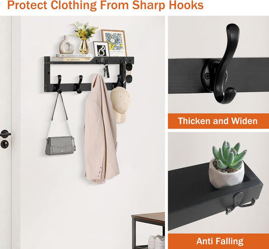 dreampossible Coat Rack Wall Mount with Shelf, Coat Hanger Wall Mount with Key Hooks and Mail Holder, Wood Entryway Floating Shelf with Hooks and Storage, Hat Rack for Wall Key Holder Mail Organizer