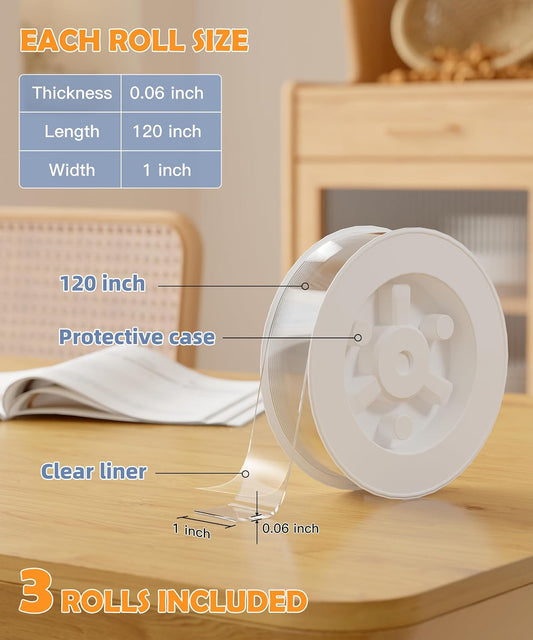 PPB Double Sided Mounting Tape, Clear Heavy Duty Nano Adhesive Tape with Protective Case, Removable Reusable Wall Tape for Home, Office, Car, Glass, Tile, Smooth Surfaces, 1 in x 10FT