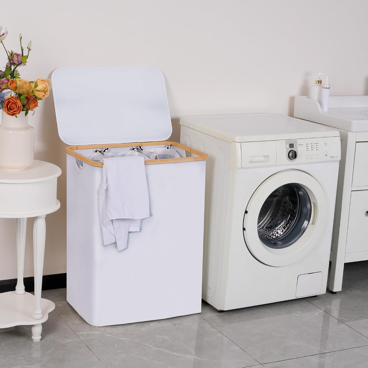 efluky Laundry Hamper with Lid, Trio Laundry Basket with 2 Removable Bags, 3 Section Laundry Bin with Bamboo Handles for Bathroom, Bedroom & Laundry Room, 160L (42.3 Gallon) Beige