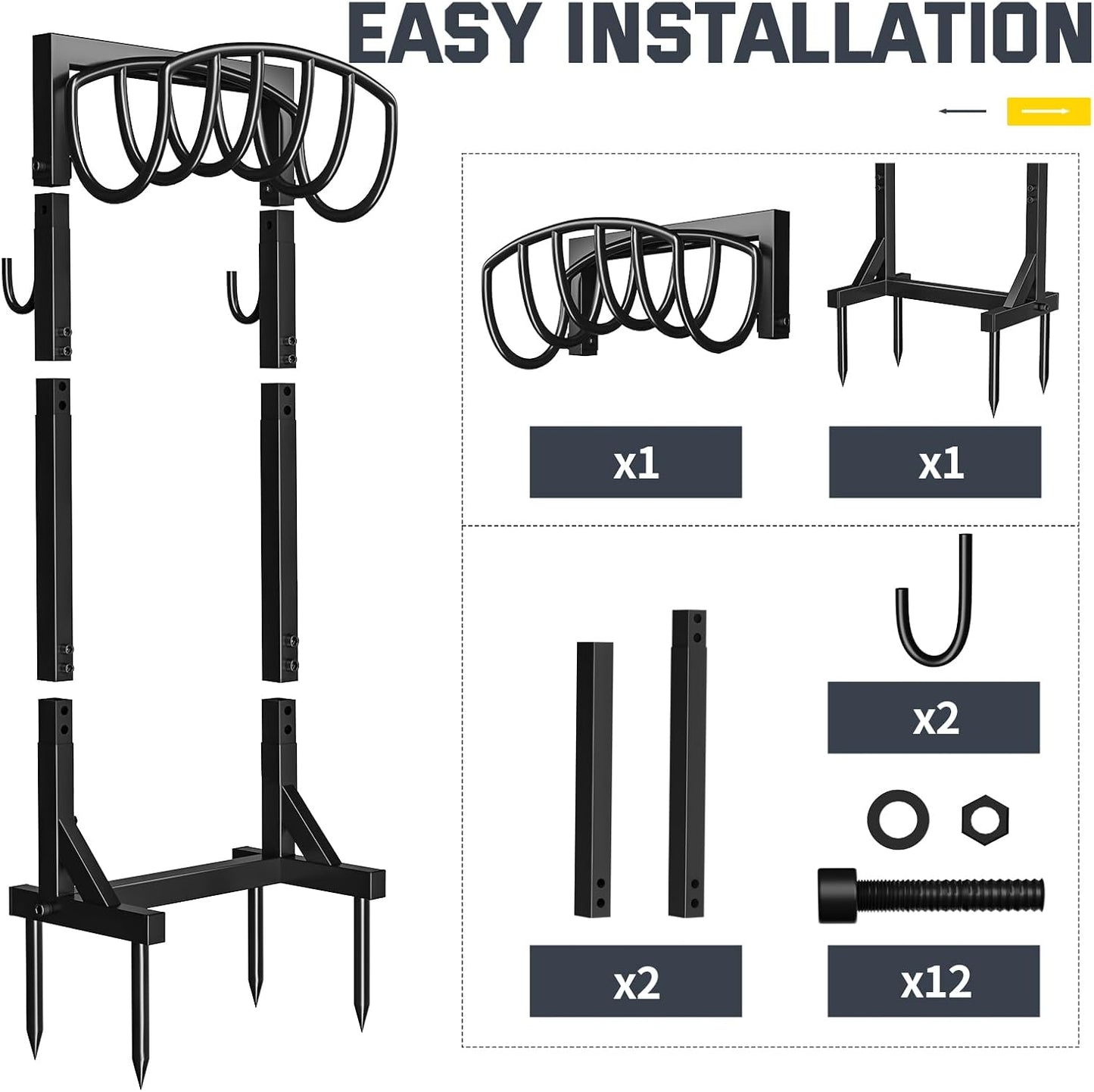 Kesfitt Garden Hose Holder Stand with Tool Storage Basket & 4 Spikes, Detachable Heavy Duty Metal Freestanding Outdoor Organizer for Lawn Yard Water Storage Rack