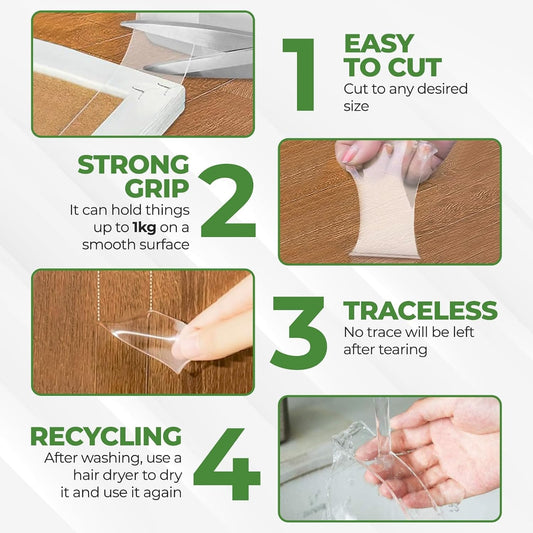 Nano Double-Sided Clear Adhesive (16.5f) Tape mounting Tape for Picture Hanging Water Proof Suitable for Rugs Washable Removeable tracelss multiuse Office and Out Door use Cinta adhesiva Doble cara