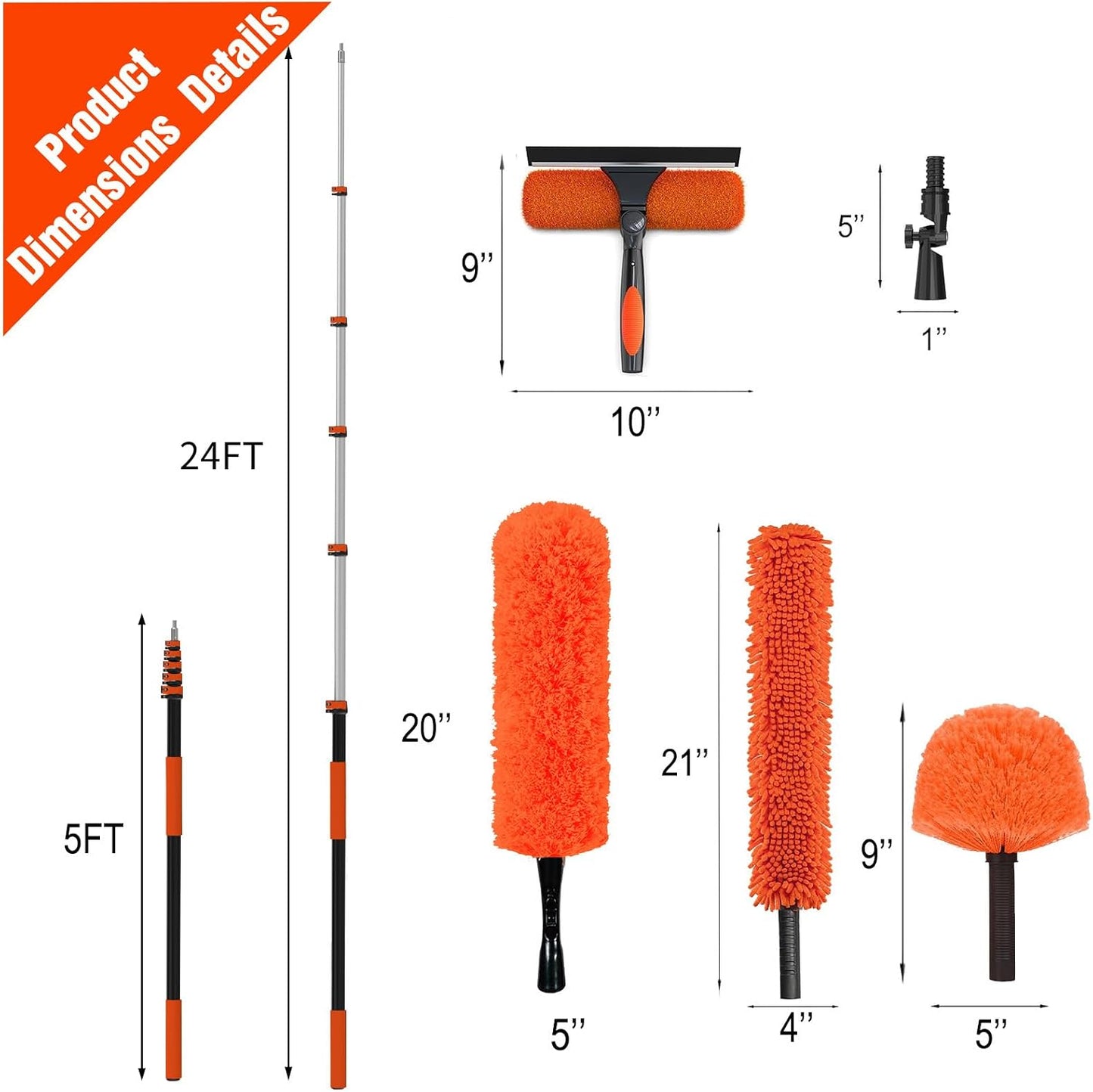 30FT Reach Duster Kit, Window Cleaning with 5-24FT Telescoping Extension Pole, High Ceiling Duster, Microfiber Feather Duster, Cobweb Duster, Window Squeegee, Feather Duster, Extendable Pole Kit