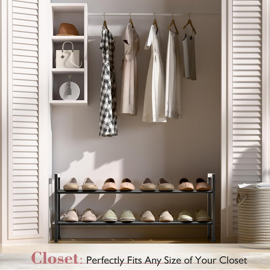 Bumusty 3-Tier Expandable Shoe Rack for Closet, 18“-33” Adjustable Shoe Rack for Small Space, Small Shoe Organizer for Front Door, Sturdy Metal, Black