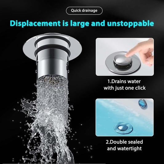 Bathroom Sink Stopper Hair Catcher, Pop Up Drain Plug with Strainer and Filter Basket, Universal Replacement Cover, 2 Pack