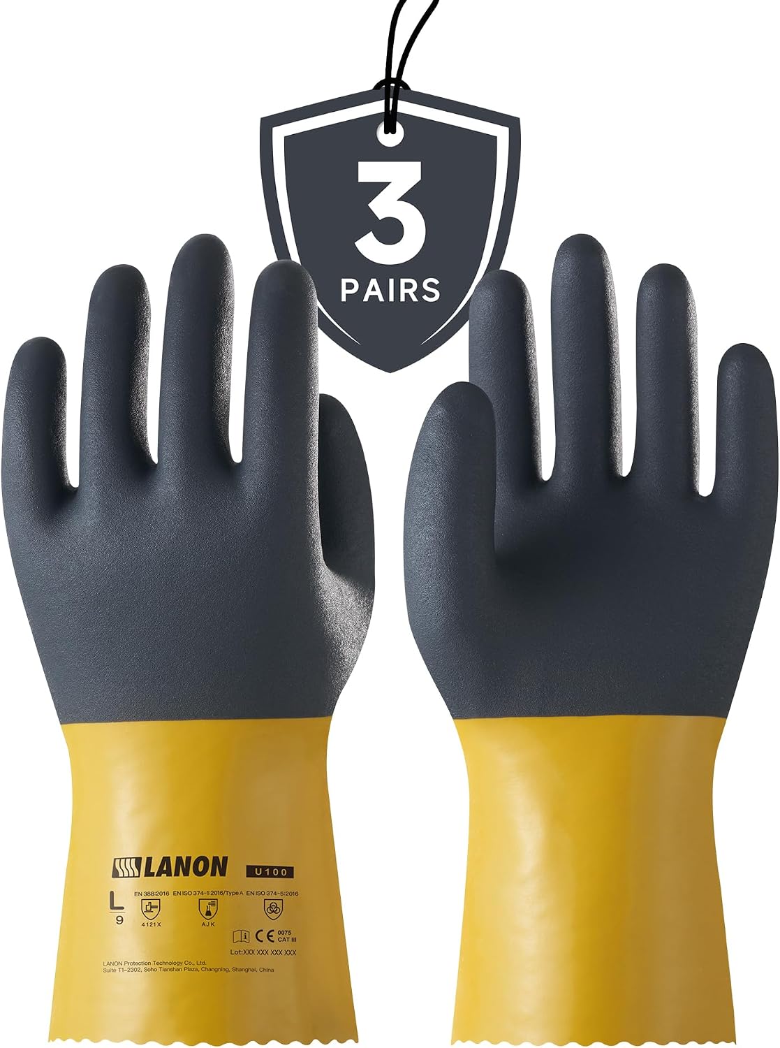 LANON PVC Chemical Gloves, Thick Rubber Work Gloves, Heavy-Duty, EN 374/388, Acid, Alkali and Oil, Non-Slip, XL