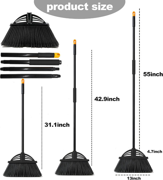 Heavy Duty Broom - 55 Inch Adjustable Long Handle Broom with EVA Soft Grip (Black)