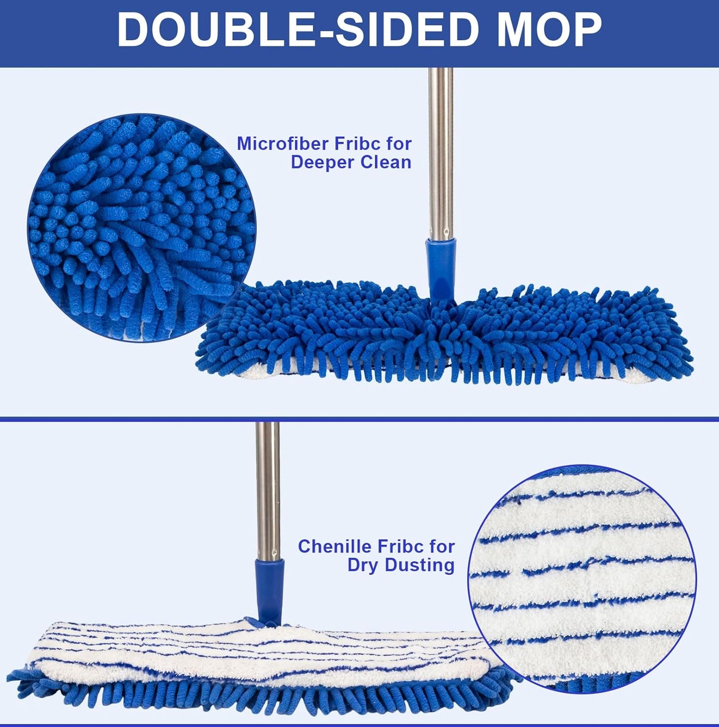 Microfiber Dust Mop for Floor Cleaning - Dual-Sided Washable Pads, Adjustable Stainless Steel Handle (30.7"-56.7") - Wet/Dry Use for Hardwood, Laminate, Tile, Marble Floors with Spin Mop Heads