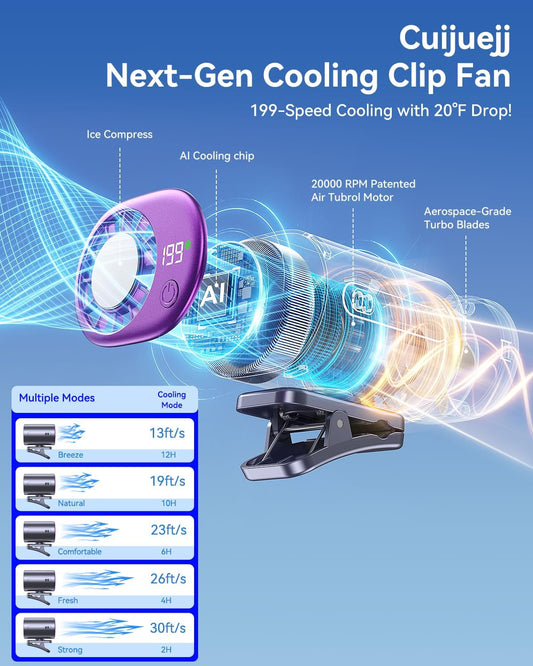 Clip-On Portable Fan with Ice Cooling, 20000 RPM Rechargeable Handheld Turbo Fan, 360° Rotating Detachable Clip, Mini Stroller Fan for Baby, Compact Travel Essentials, Summer Gifts for Women,Grey