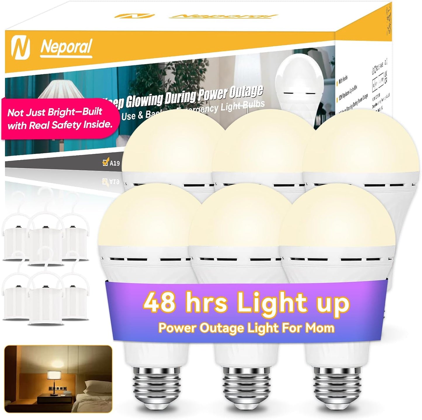 Neporal LITE Emergency Rechargeable Light Bulbs A19, Light Up to 48 hrs, Battery Operated Light Bulb, 5000K E26 LED Bulb, Emergency Lights for Home Power Failure